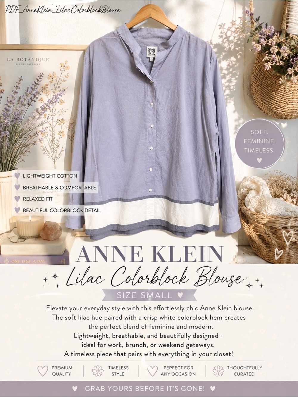 Anne Klein Lavender Button-Front Colorblock Blouse